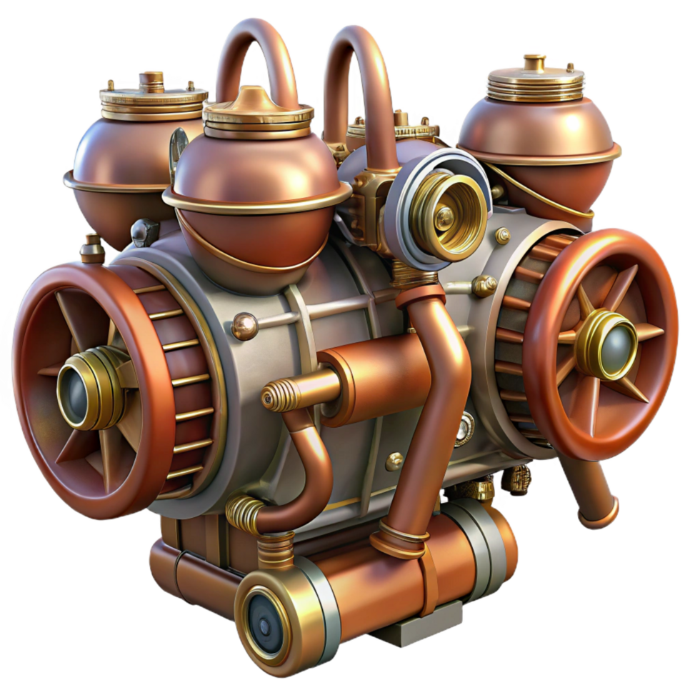 immaculate inspired Steampunk airship engine with pistons, gears, and copper pipes with Transparent Background png
