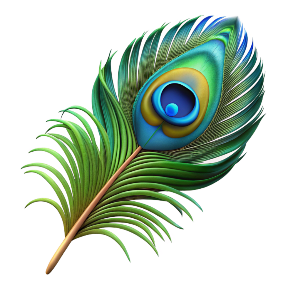 stunning timeless Photorealistic professional render, isolated cutout of a single, vibrant peacock feather, hyper-specific with Transparent Background png
