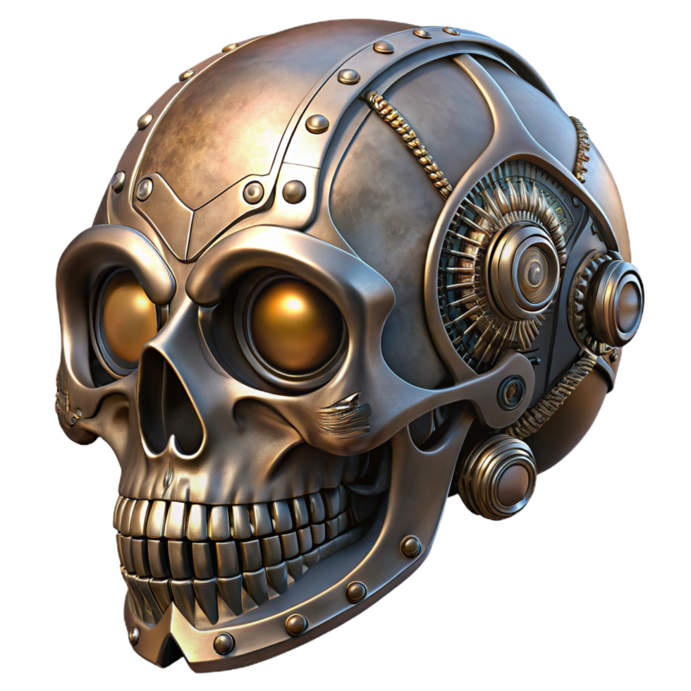iconic mid-century Steampunk skull with metallic implants and intricate engravings with Transparent Background top-tier png