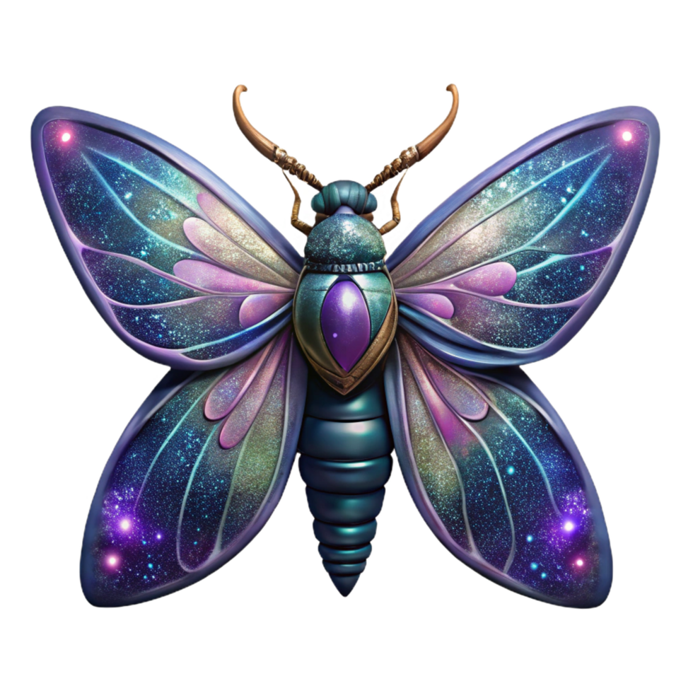 spectacular bold vintage Photorealistic, professional render of an isolated, ultra-detailed, hyper-specific cosmic moth with galaxy-patterned wings with Transparent Background masterfully captured png