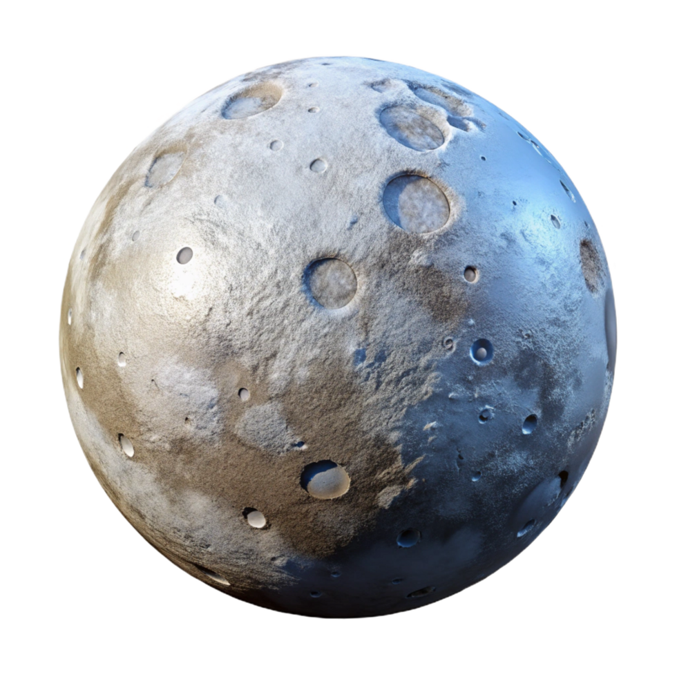beautiful energetic organic Photorealistic, ultra-detailed professional render of a single, dwarf planet, cratered surface, icy patches with Transparent Background high resolution png
