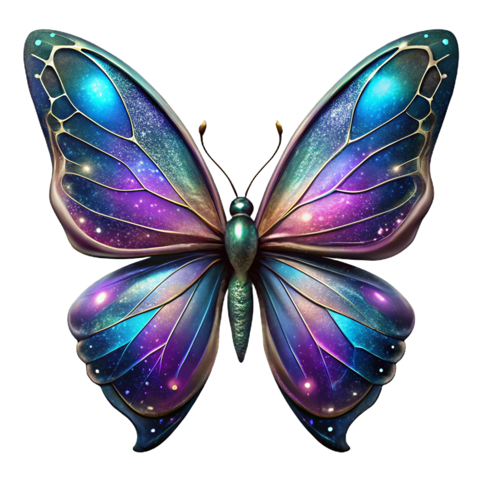 nostalgic extraordinary Ultra-detailed, photorealistic render, isolated cutout of a single, iridescent, cosmic butterfly with galaxy-patterned wings with Transparent Background top-tier png