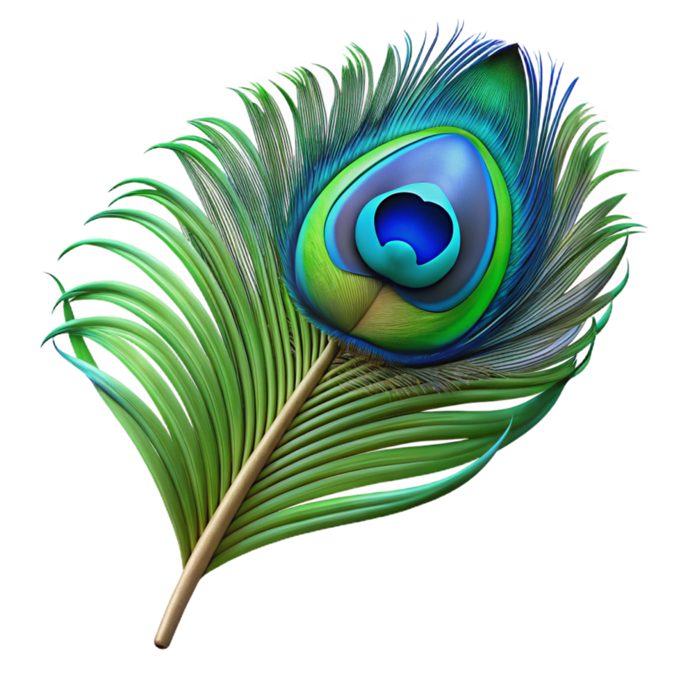 radiant timeless Ultra-detailed isolated cutout of a hyper-specific photorealistic peacock feather, iridescent, blue and green eye, detailed barbs, with Transparent Background png