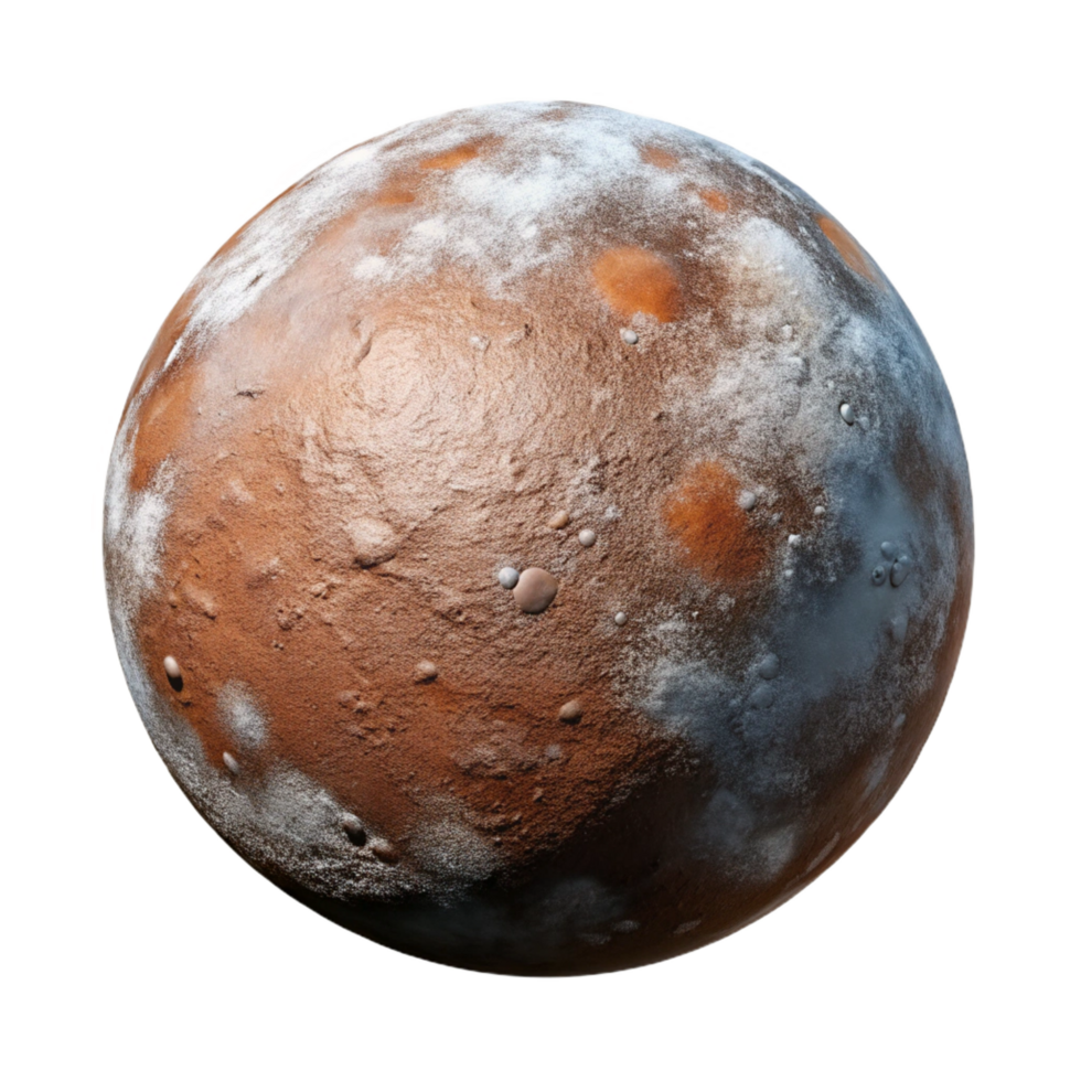 bold striking Photorealistic, ultra-detailed professional render of a single, dwarf planet, cratered surface, icy patches with Transparent Background precision png