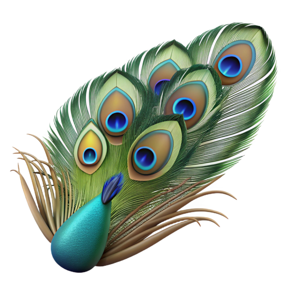 splendid signature Photorealistic hyper-specific isolated cutout of a single peacock Pavo cristatus feather, with Transparent Background png