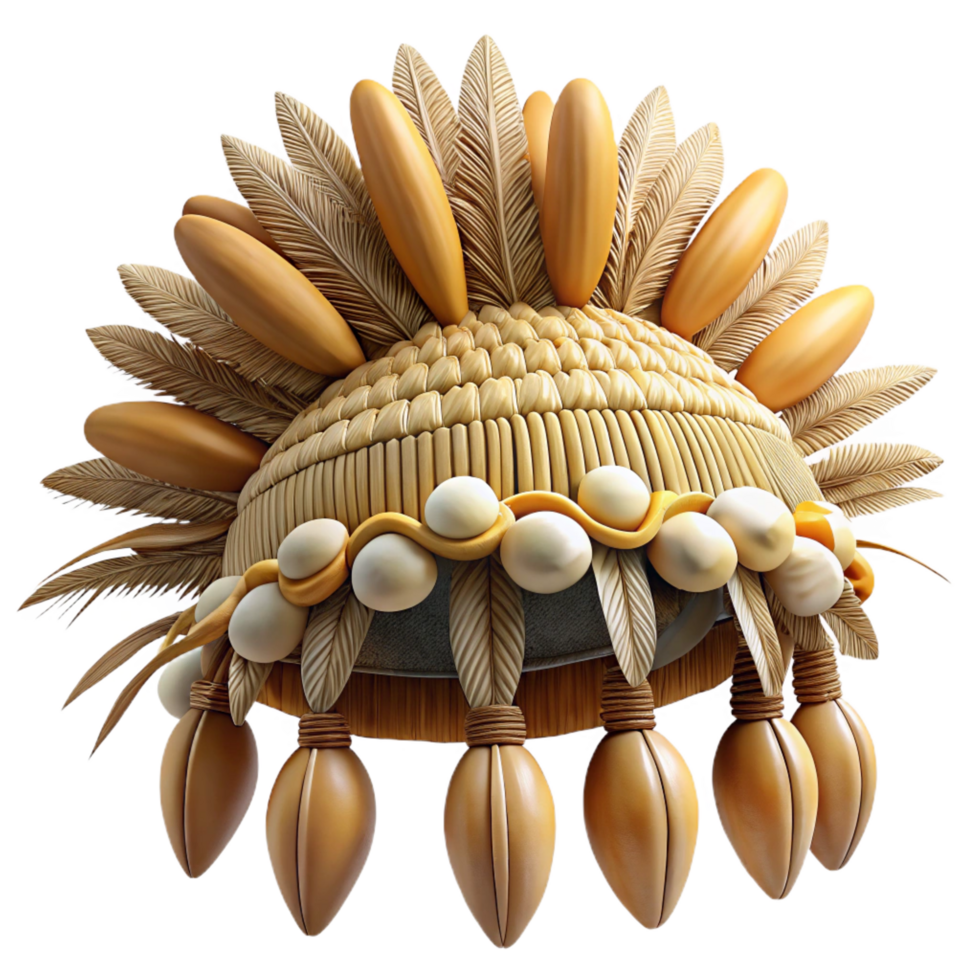 vibrant ethereal tropical Photorealistic, ultra-detailed isolated cutout of a tribal headdress made of woven plant fibers and adorned with shells with Transparent Background authentic png
