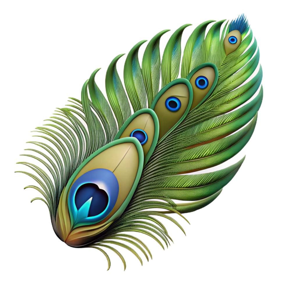 energetic picturesque Hyper-specific professional render of a single photorealistic feather, peacock feather, isolated cutout with Transparent Background detailed png