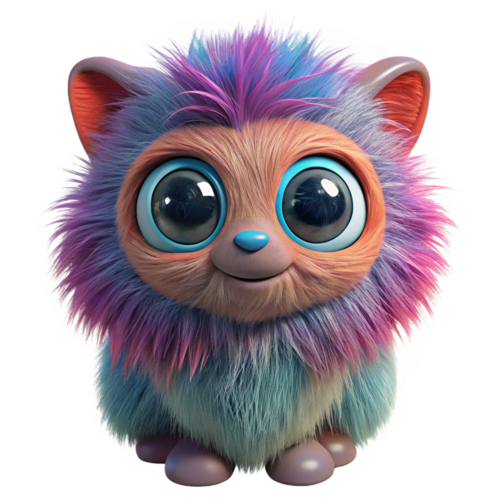 rare mid-century A cute, fluffy, fantasy creature, large eyes, colorful fur with Transparent Background gallery standard png