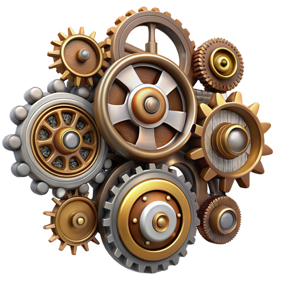 celebrated minimalist Steampunk gear set with various sizes and ornate designs with Transparent Background impeccable png