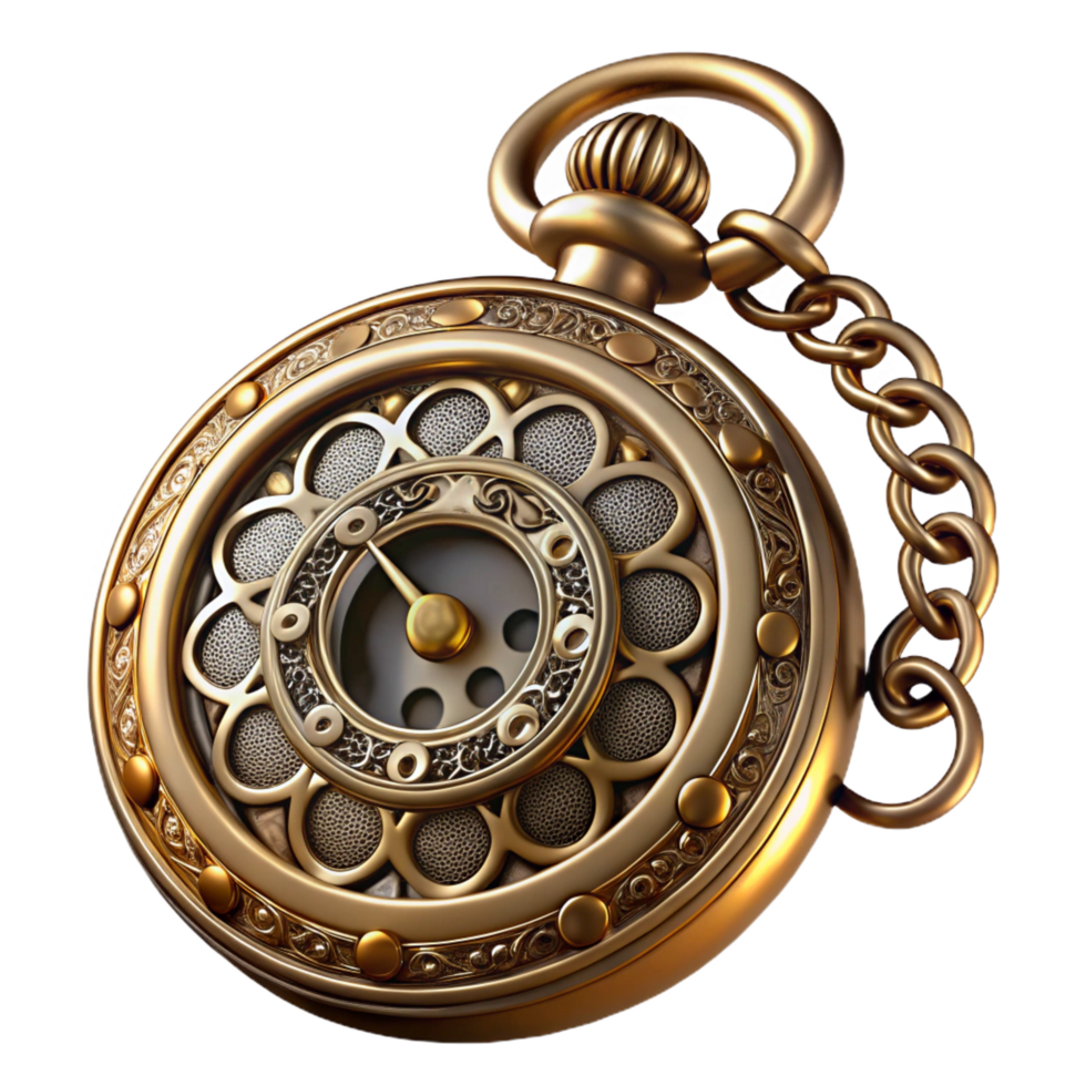 gorgeous celebrated Steampunk pocket watch with ornate filigree and Roman numerals with Transparent Background png