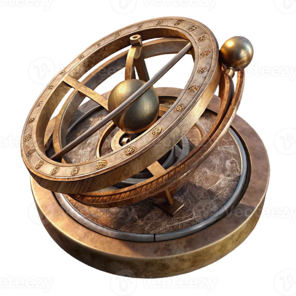impressive minimalist Antique Astrolabe Side View Cutout Transparent Background authentic png