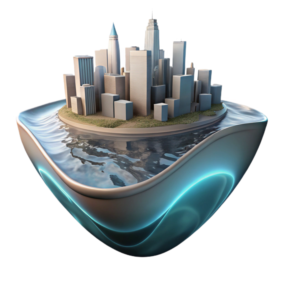 serene creative Cityscape Distorted Reflection in Wavy Water Isolated professional png