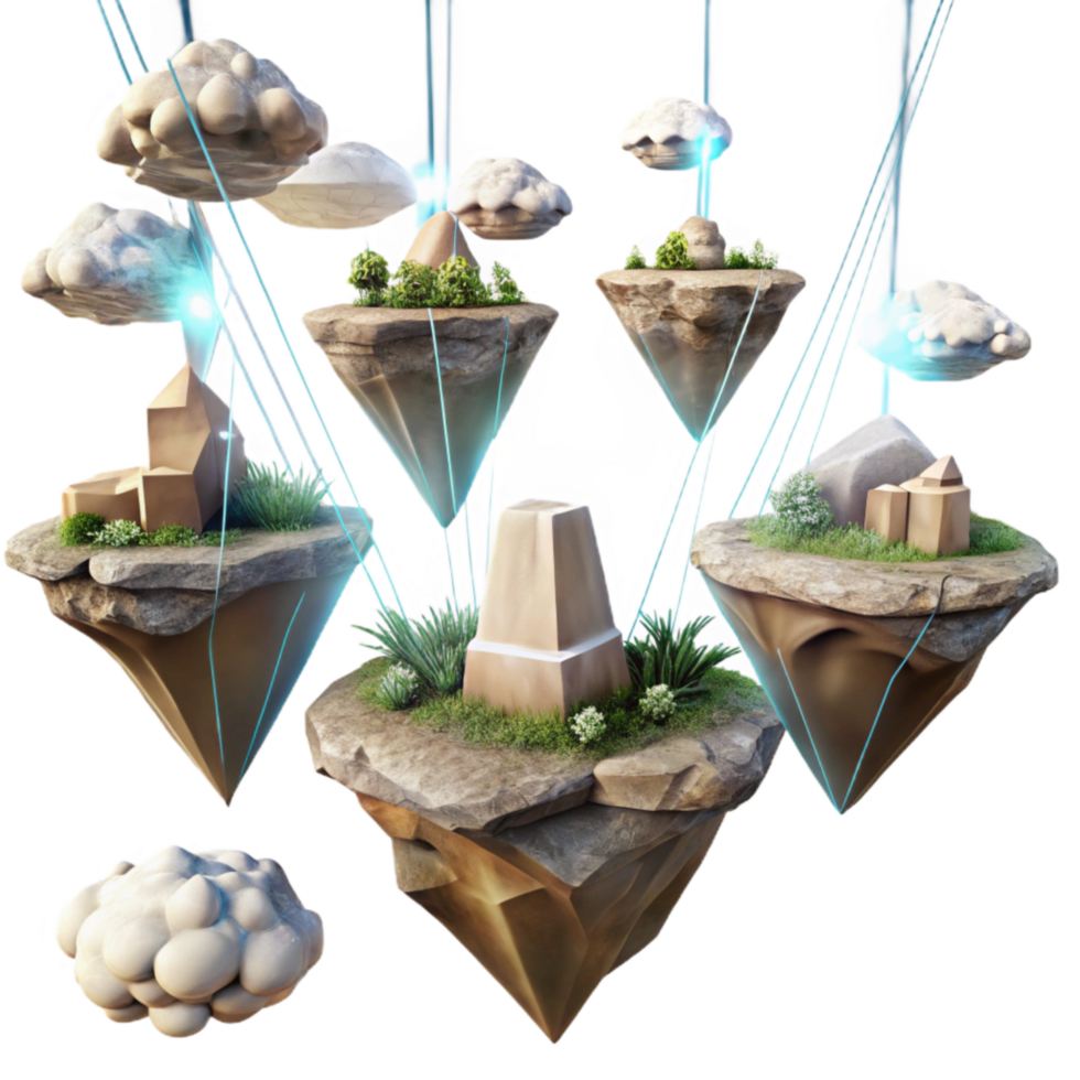 beautiful rustic Floating Islands Connected by Light Beams Transparent professional png