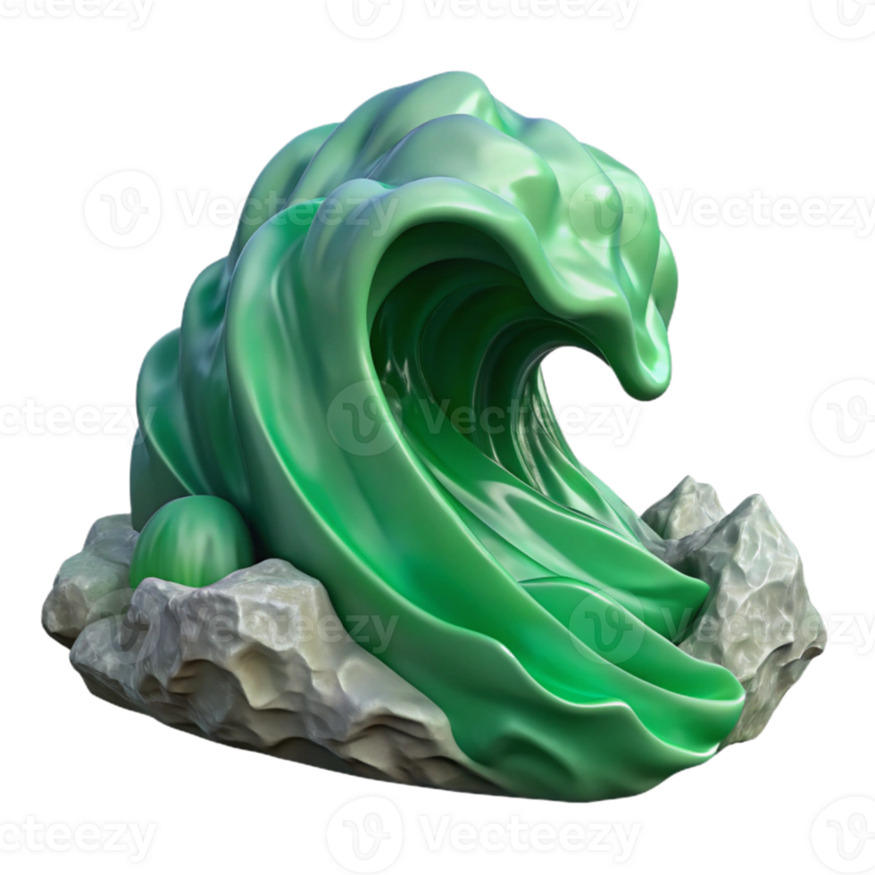 stunning contemporary Green Translucent Wave Crashing on Gray Rocks Isolated high quality png