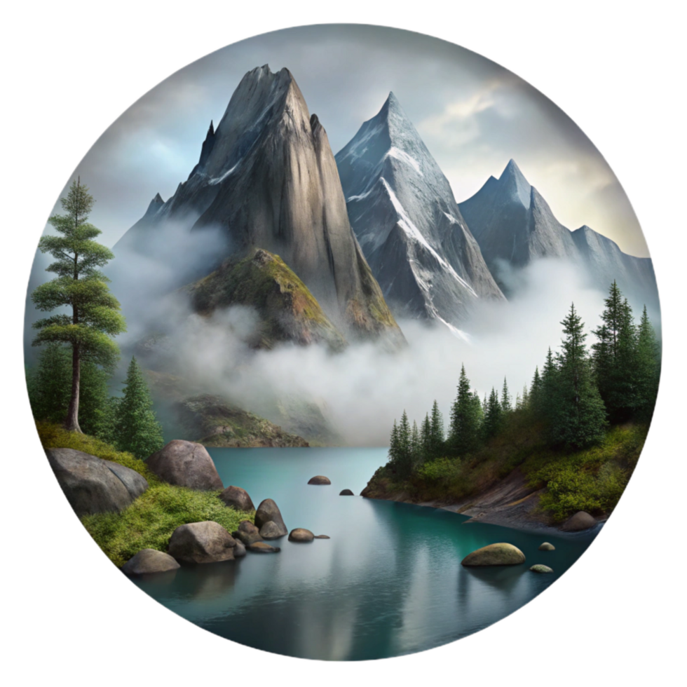 extraordinary abstract Misty Mountain Lake Scene Transparent Background professional png