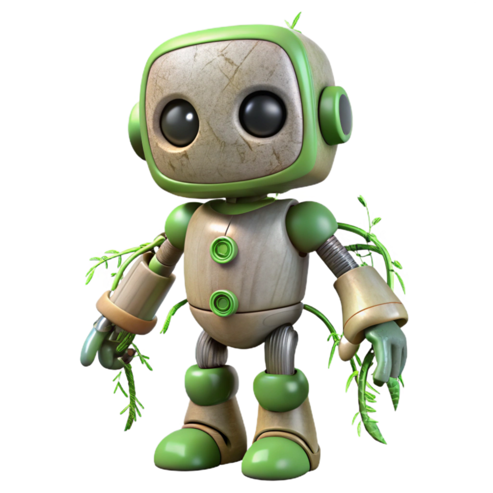 serene minimalist Robot with Green Vine Roots Isolated Element high resolution png