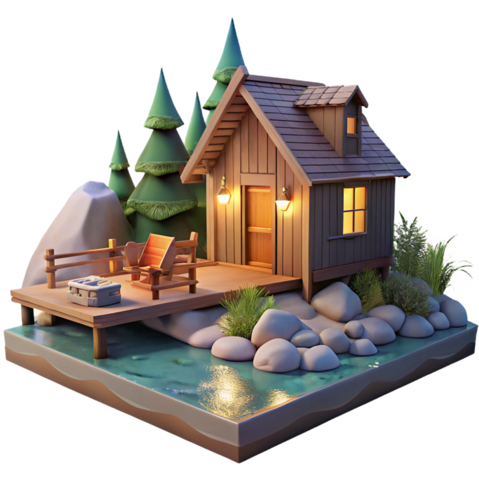 wonderful abstract Secluded Lake Cabin Scene Transparent Background exclusive png