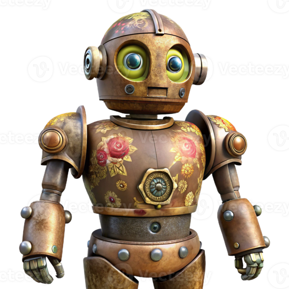 impressive artistic Steampunk Robot with Floral Design Isolated Element png