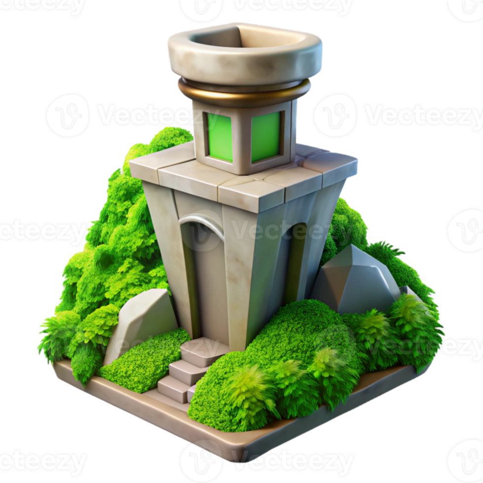 extraordinary traditional Terraform Tower Cutout Element with Bright Green Vegetation original png