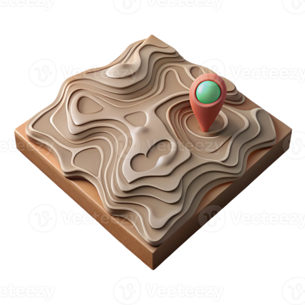 beautiful vintage Topographic Map with Realistic Terrain Cutout Isolated detailed png