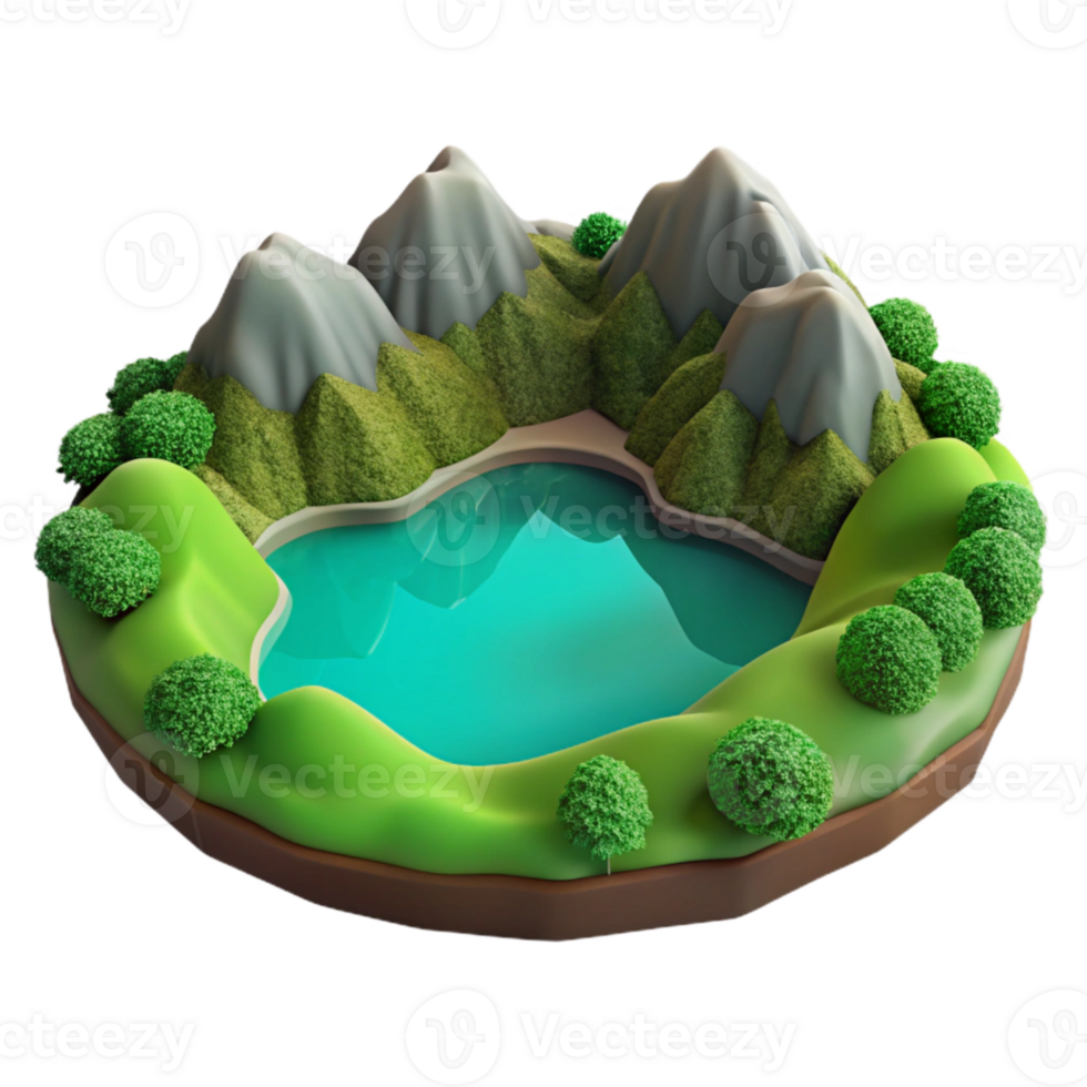 extraordinary classic Top View Lake Landscape with Green Hills Isolated original png