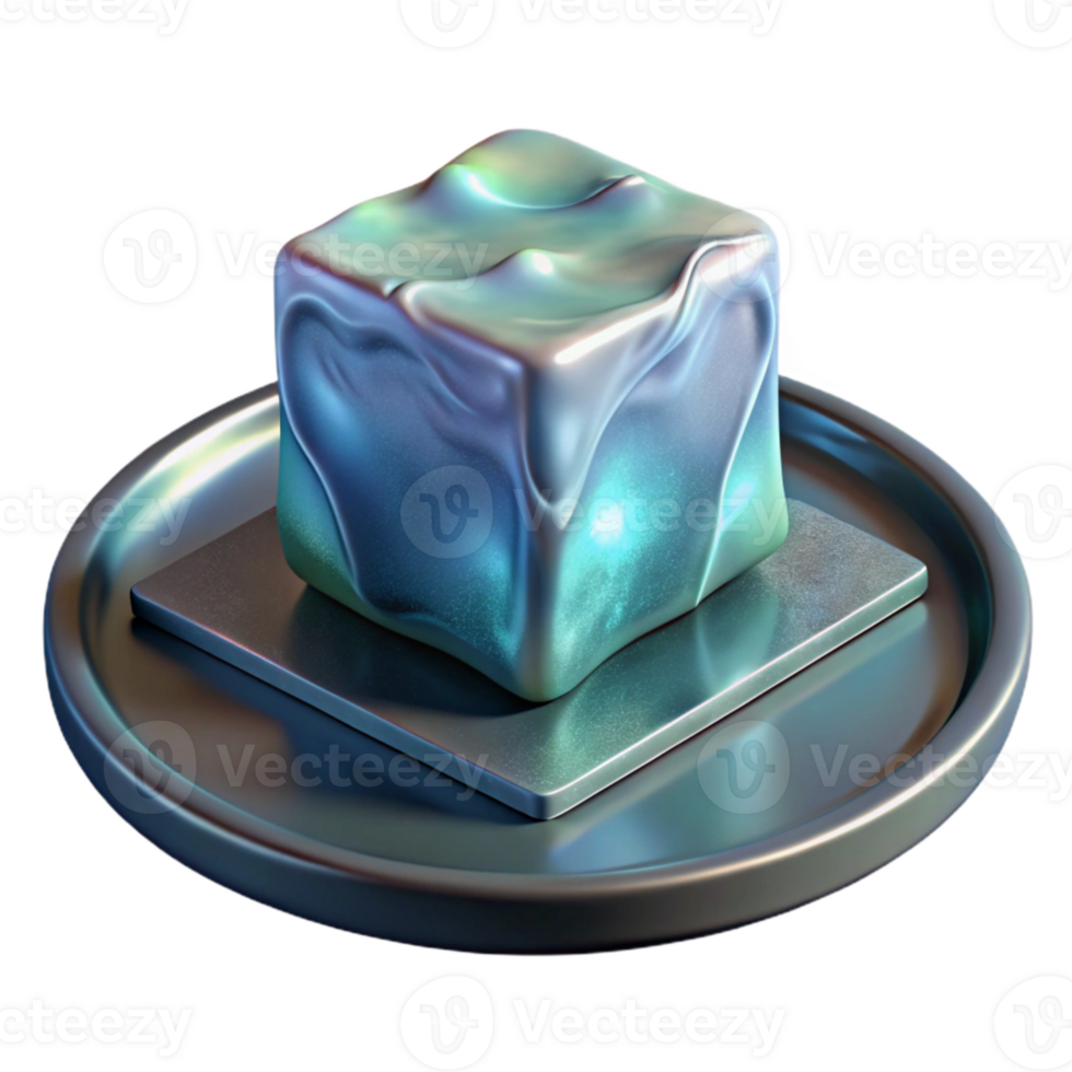 elegant rustic Translucent Ice Cube Melting on Metal Plate Isolated authentic png