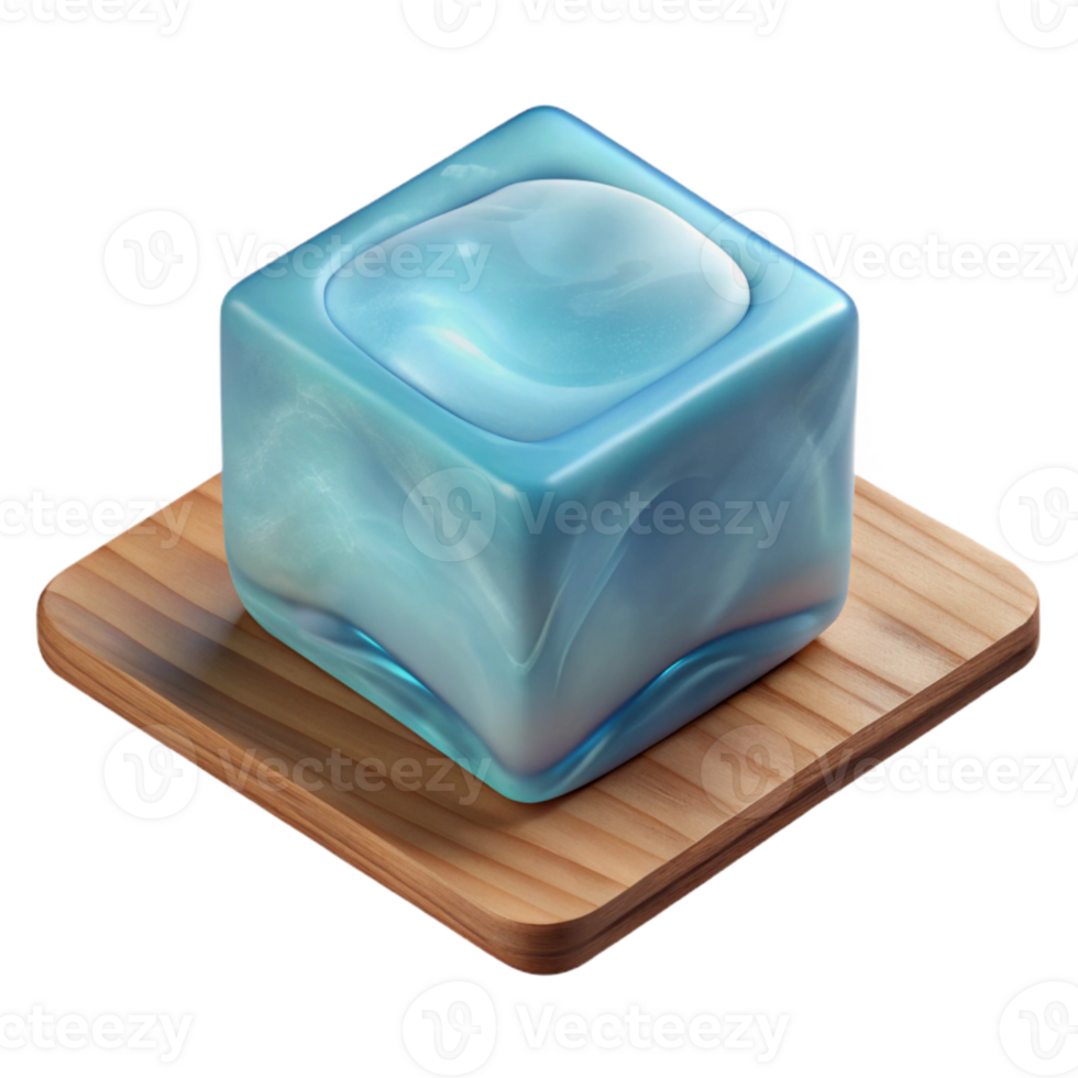 stunning modern Translucent Ice Cube Resting on Wooden Shelf Cutout premium png