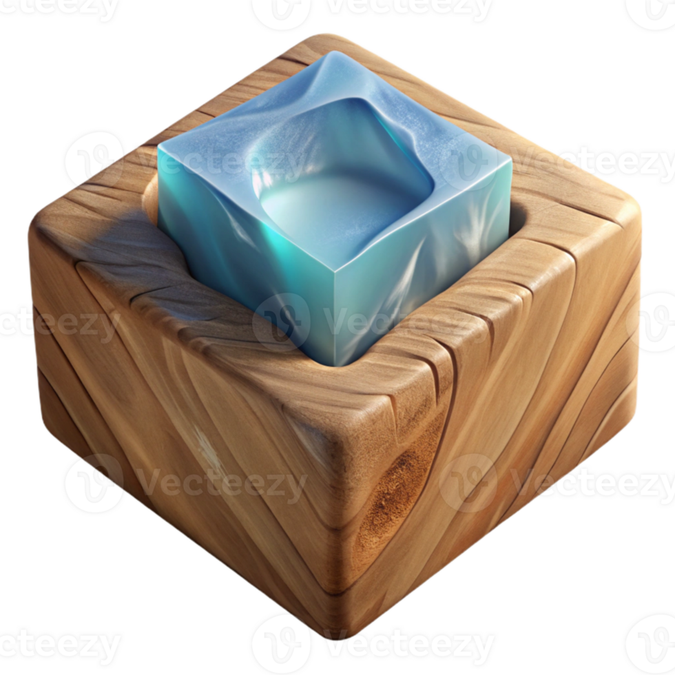 beautiful contemporary Translucent Ice Fragment Embedded in Wooden Block Cutout png