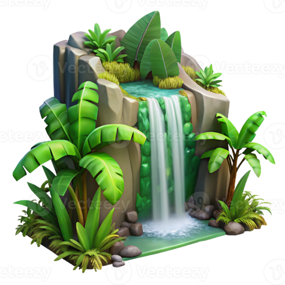 magnificent vintage Tropical Waterfall Cascade with Bright Green Foliage Isolated original png