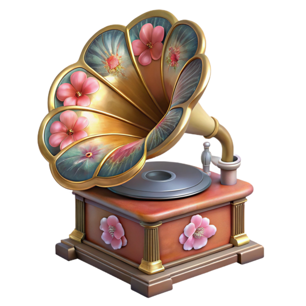 wonderful classic Vintage Gramophone with Floral Details Transparent Background detailed png