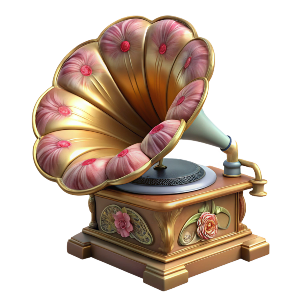 vibrant traditional Vintage Gramophone with Floral Details Transparent Background high quality png