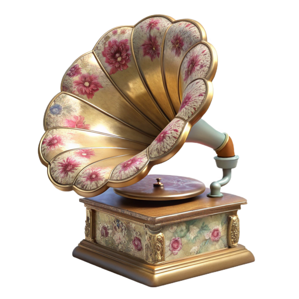 magnificent creative Vintage Gramophone with Floral Details Transparent Background high quality png