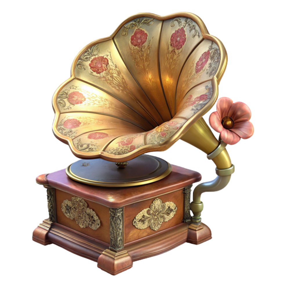 impressive abstract Vintage Gramophone with Floral Details Transparent Background authentic png