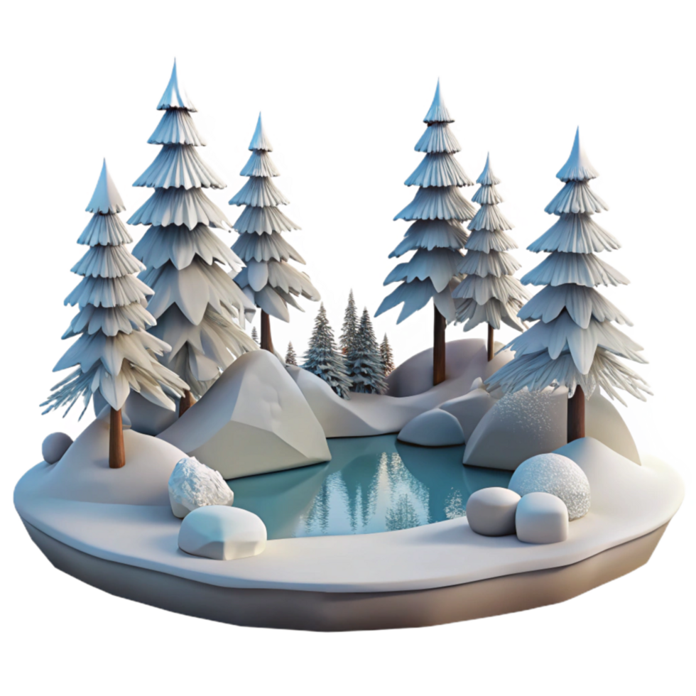 impressive minimalist Winter Lake Scene with Snow Covered Trees Cutout original png