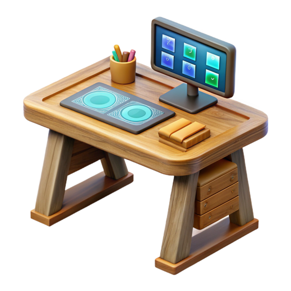 beautiful rustic Wooden Desk with Virtual Interface Isolated authentic png