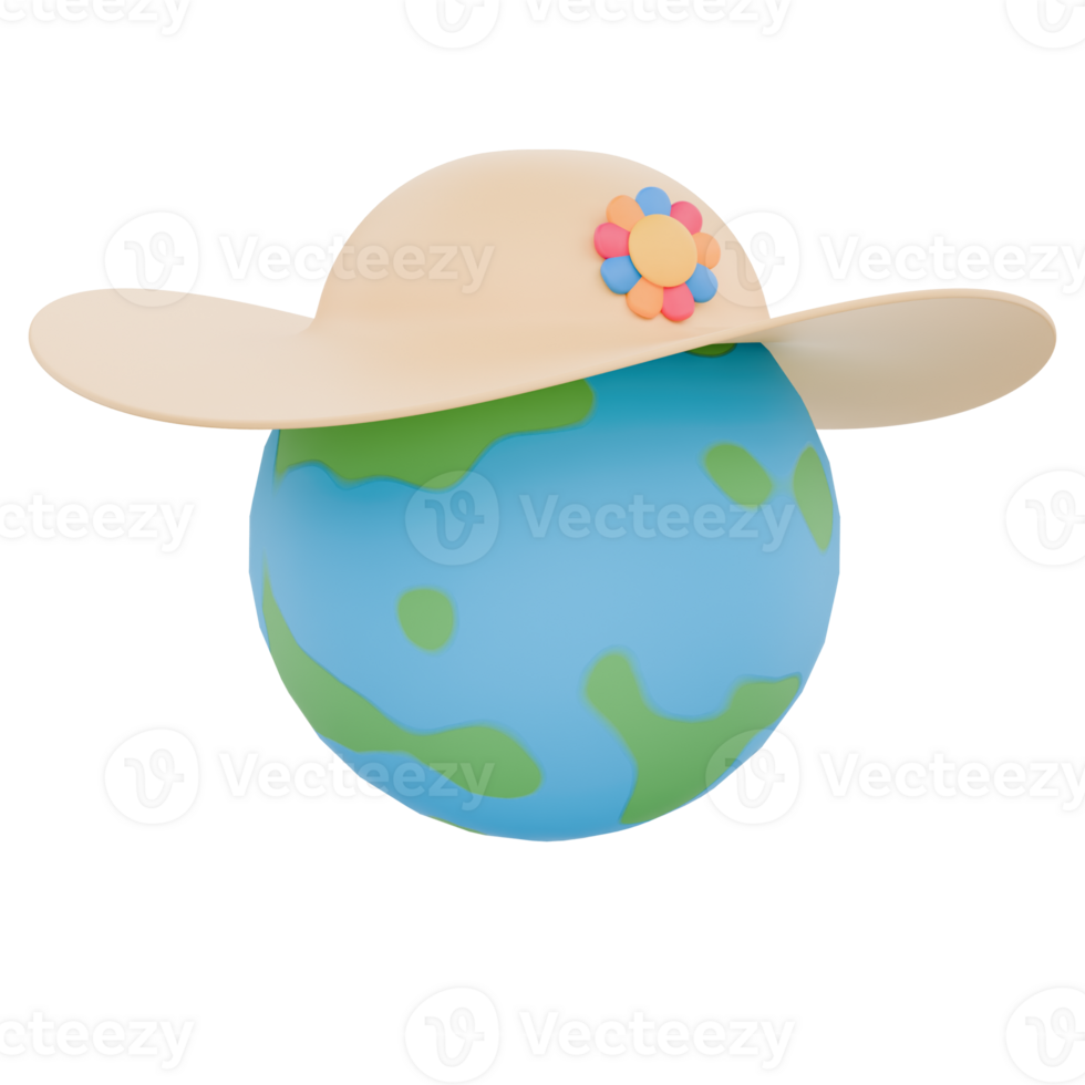 3D Globe Wearing a Beach Hat Icon Representing Global Summer Travel Adventures png