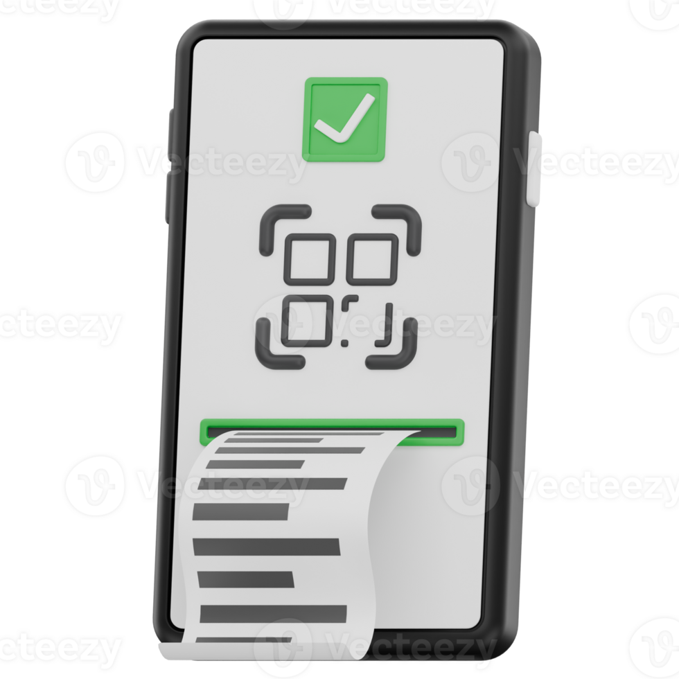 3D Digital Receipt Icon with Barcode and Checkmark for Mobile Payment png