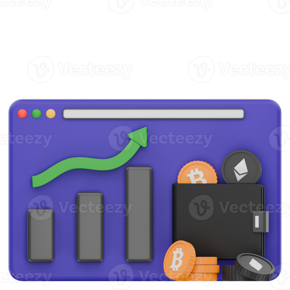 3D Cryptocurrency Wallet Overview Icon with Coins and Price Graph png