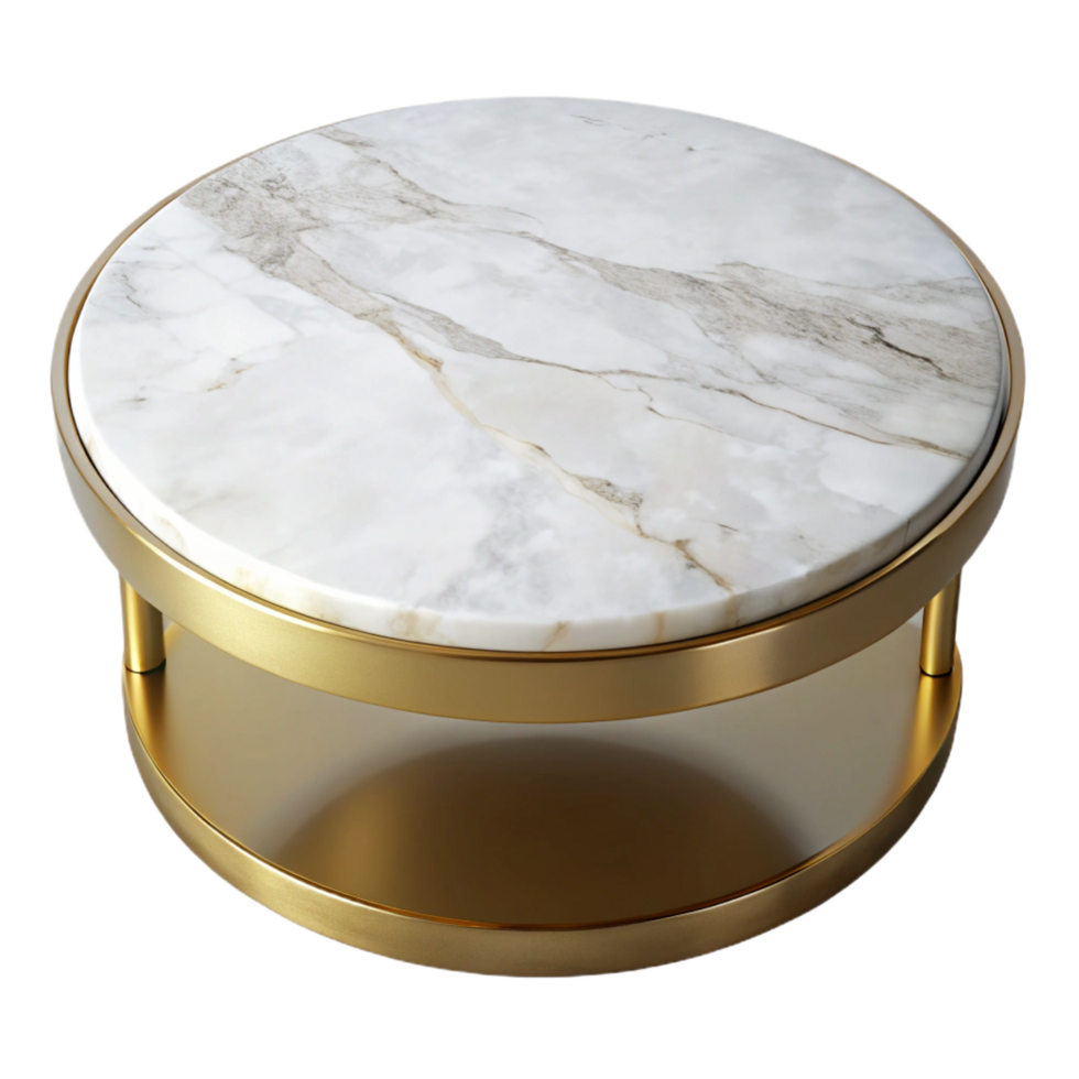 mesmerizing classic Rounmarble coffee table, white marble top, golmetal base, soft lighting, top-down view, isolateon transparent background,high-resolution product photography authentic png