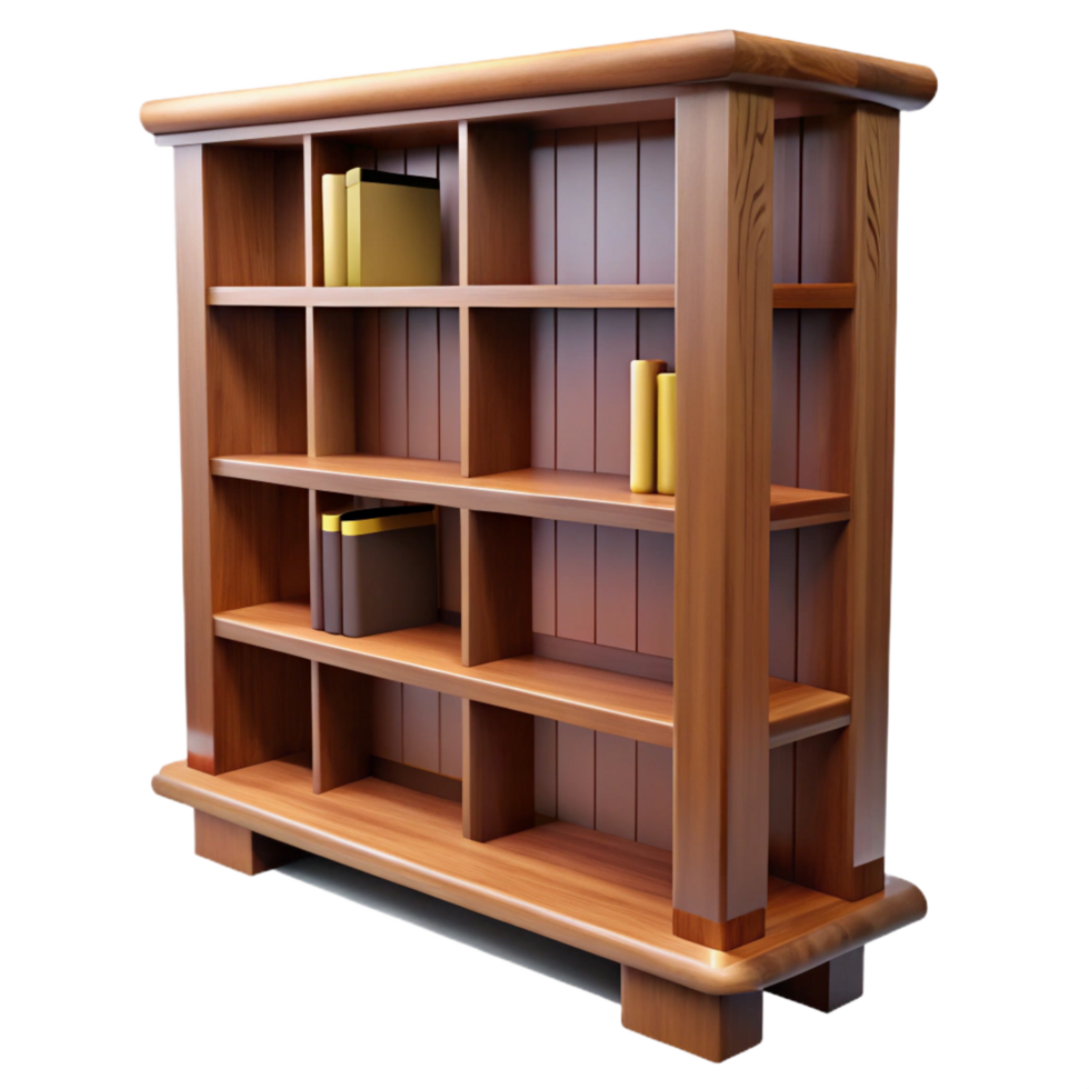 notable vintage Wooden bookshelf, walnut finish, multiple shelves, adjustable shelves, studio lighting, front view, isolateon transparent background,high-resolution product photography museum quality png
