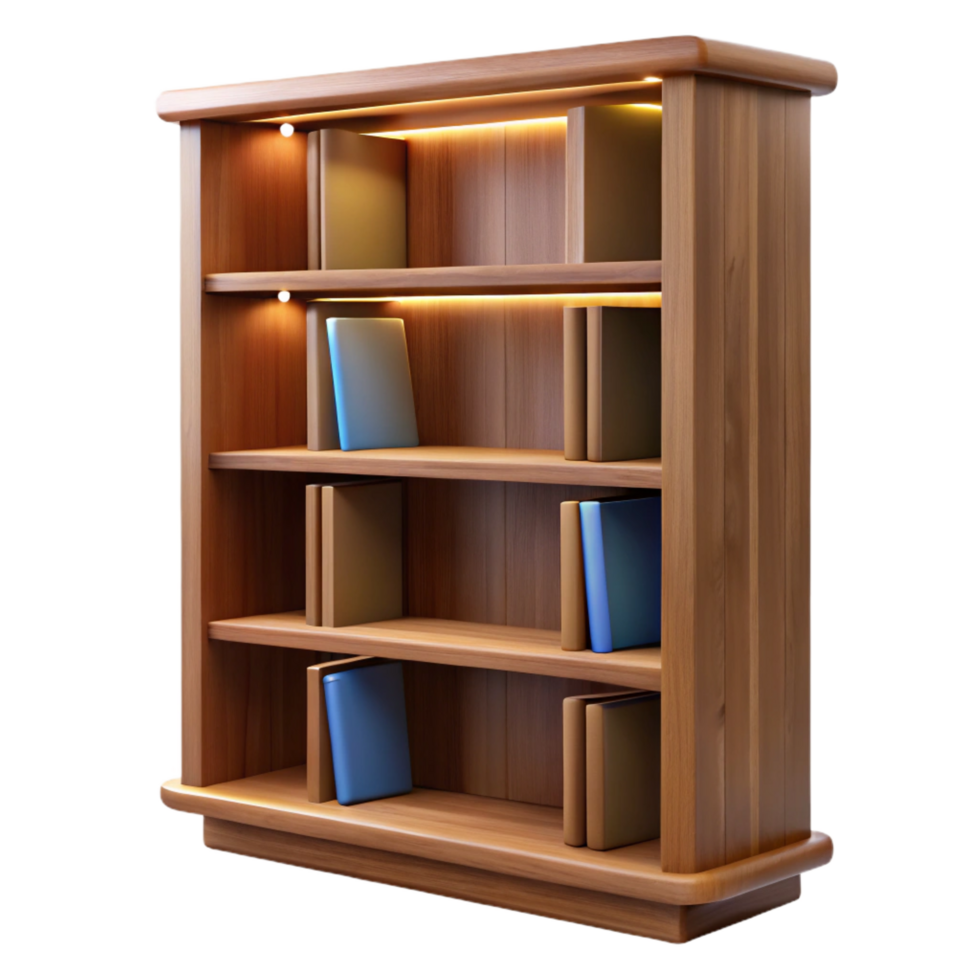 ethereal glorious Wooden bookshelf, walnut finish, multiple shelves, adjustable shelves, studio lighting, front view, isolateon transparent background,high-resolution product photography exclusive png