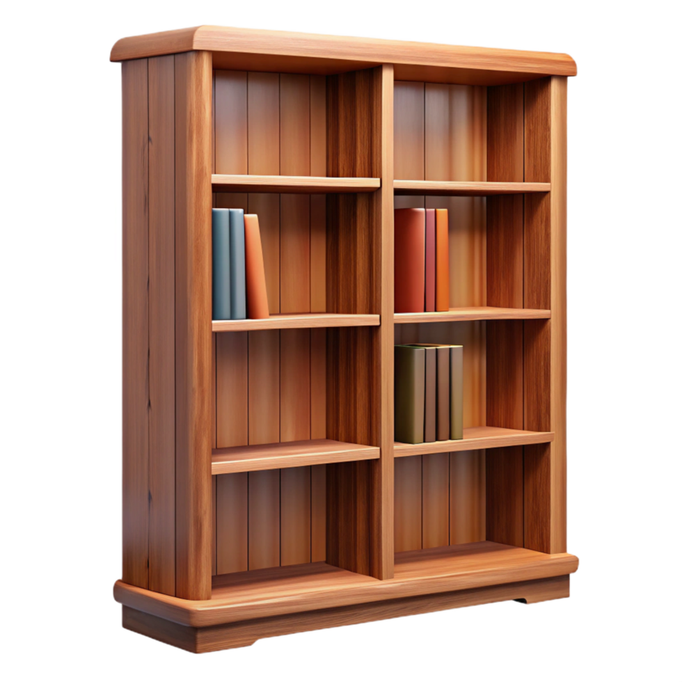 iconic nordic Wooden bookshelf, walnut finish, multiple shelves, adjustable shelves, studio lighting, front view, isolateon transparent background,high-resolution product photography refined png