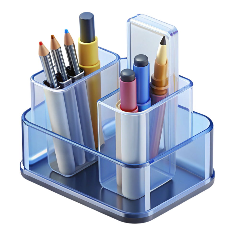 radiant coveteDesk organizer, clear acrylic, compartments for pens, pencils, anpaperclips, studio lighting, top-down view, isolateon transparent background,high-resolution product photography png