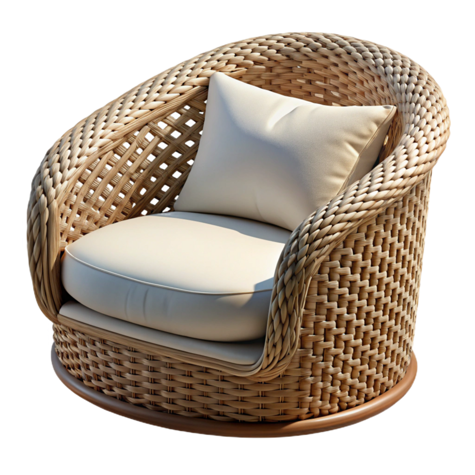unparallelerustic Wicker patio chair with plush white cushions, intricate woven pattern, natural fiber, soft lighting, isolateon transparent background,high-resolution product photography luxury png
