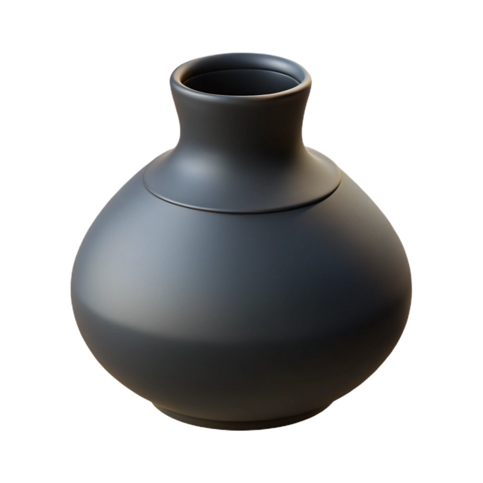 nostalgic captivating Modern ceramic vase, minimalist design, matte black finish, soft lighting, front view, with transparent background,high-resolution product photography refined png