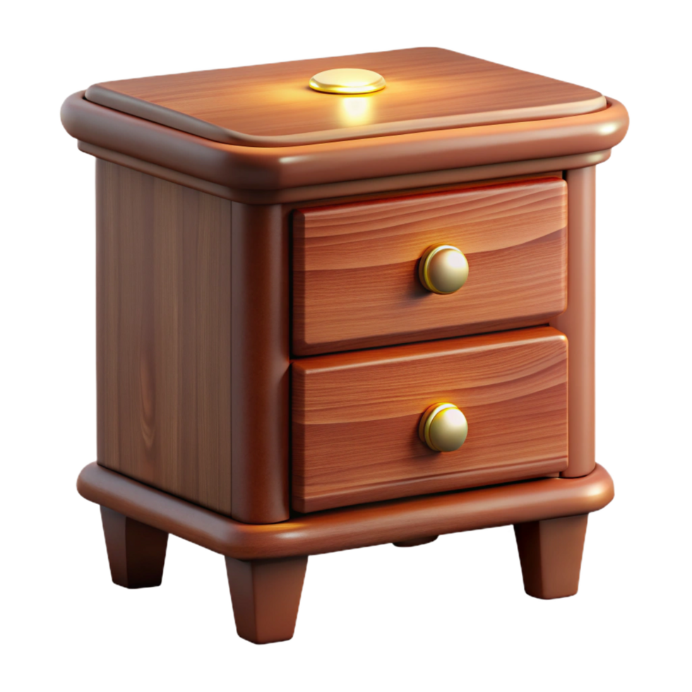 striking organic Wooden nightstand, cherry woofinish, two drawers, brass hardware, soft lighting, with transparent background,high-resolution product photography original png