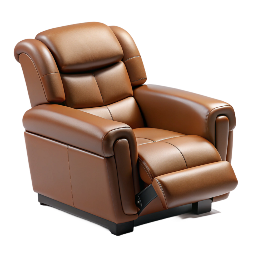 mesmerizing classic Leather recliner chair, brown leather, footrest extended, studio lighting, side view, isolateon transparent background,high-resolution product photography ultra HD png