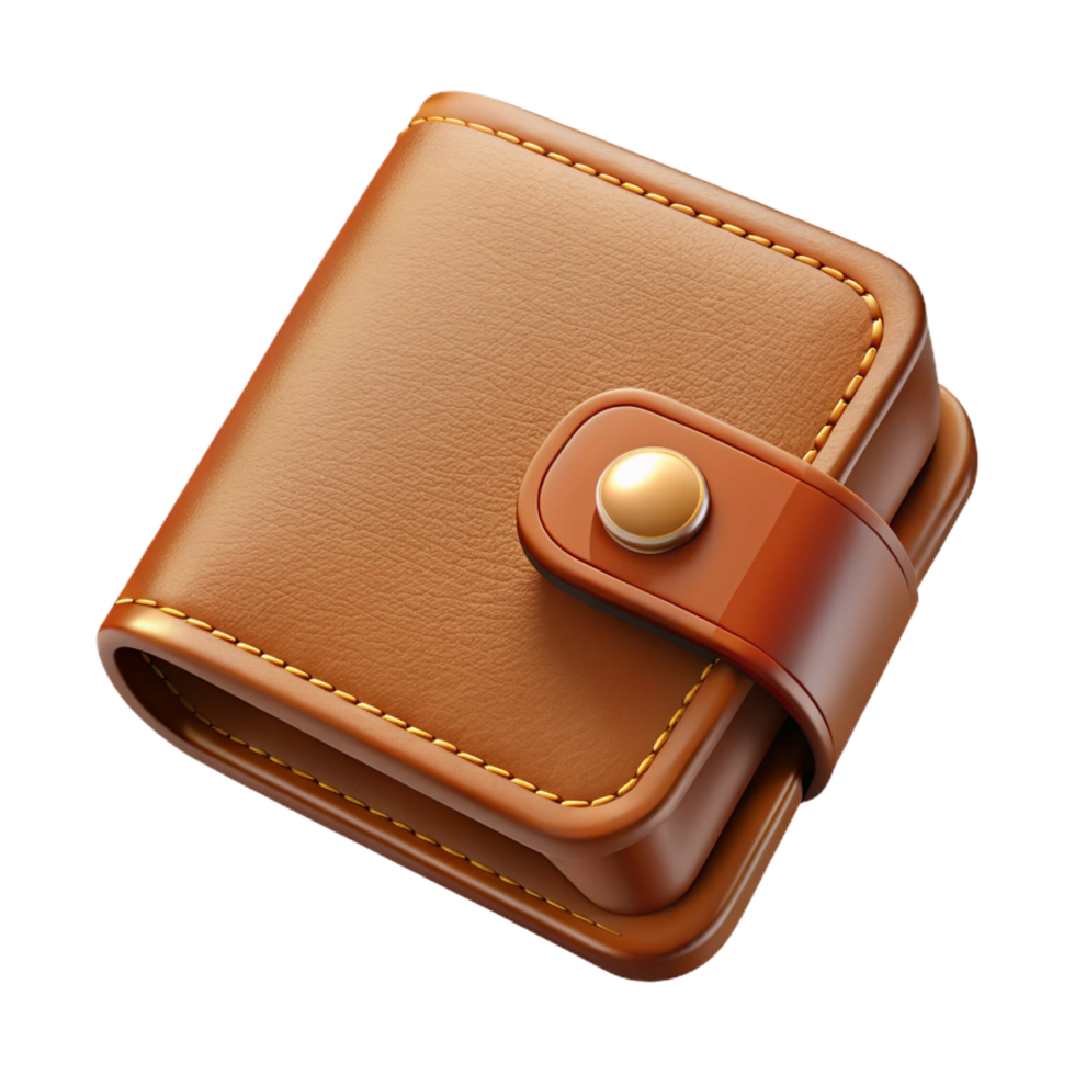 magnificent organic Leather women's wallet, brown, hand-stitched, slightly worn, soft lighting, isolateon transparent background,high-resolution product photography perfect clarity png