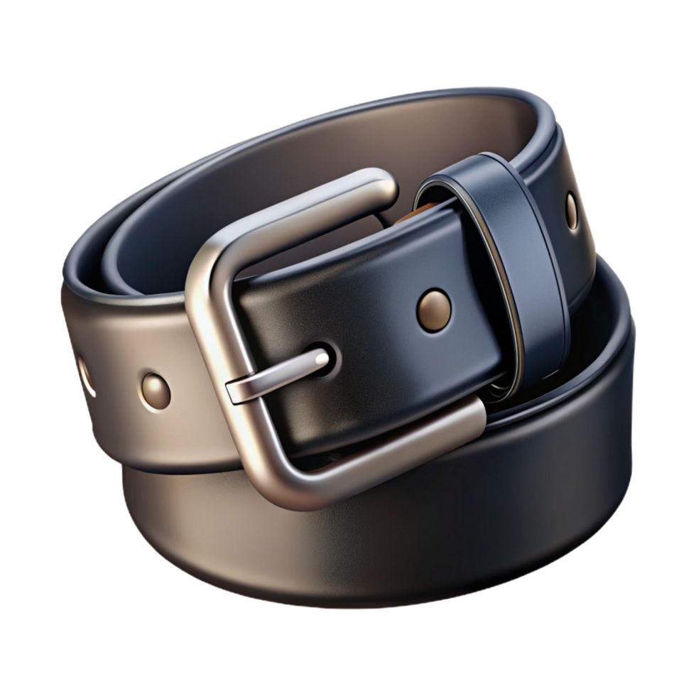 extraordinary industrial Black leather belt with a silver buckle, intricate buckle design, studio lighting, front view, isolateon transparent background,high-resolution product photography exclusive png