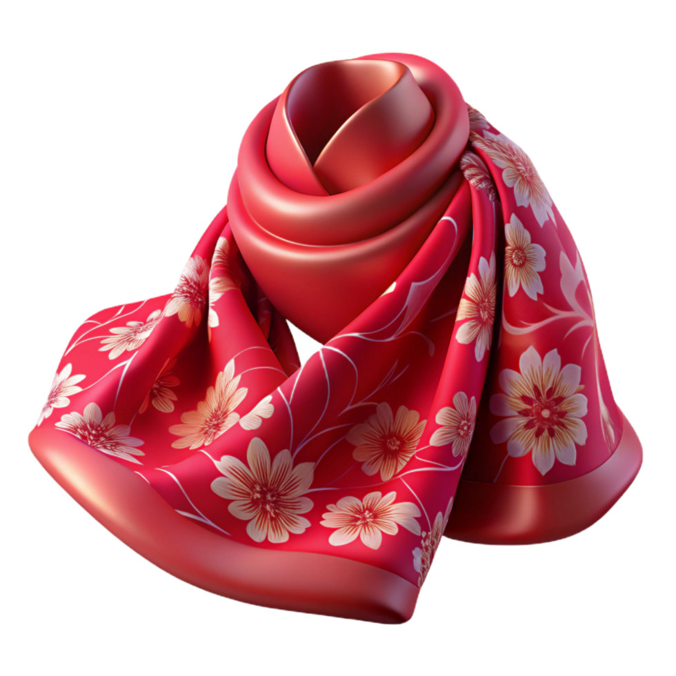 dynamic enchanting Resilk scarf with floral pattern, flowing fabric, soft lighting, isolateon transparent background,high-resolution product photography crisp png